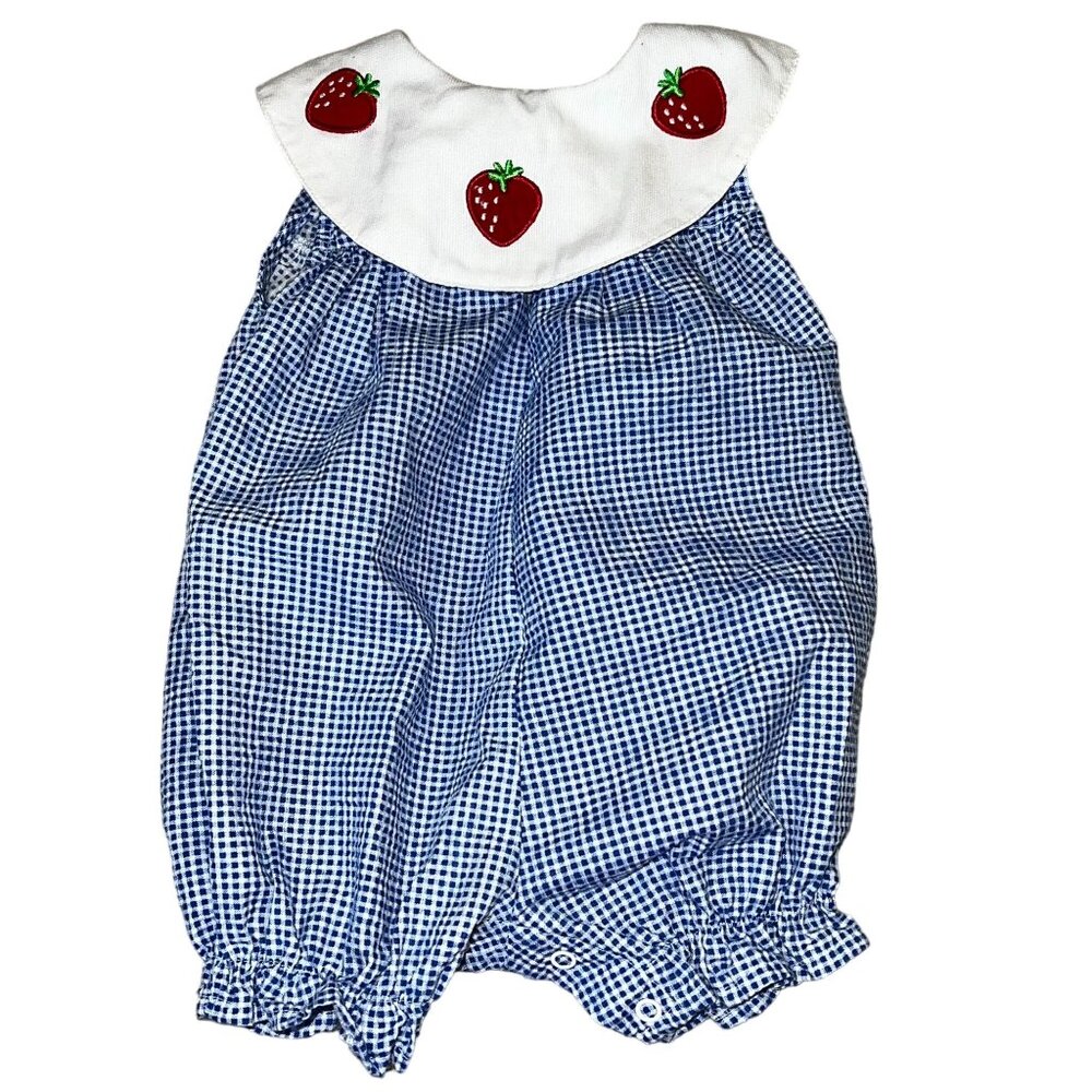 My Pal Girls Baby Romper 3-6 Months Blue Gingham Strawberry Embroidery